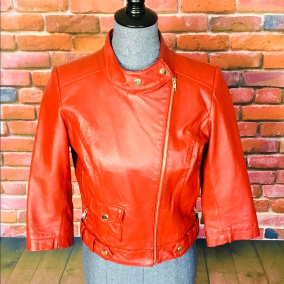 Red Genuine Leather Cropped Motorcycle Jacket - Picture 3 of 5
